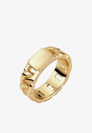 Goldener Ring im Gliederketten-Stil mit einer glatten rechteckigen Platte oben und offenen kettenartigen Segmenten rund um das Band.