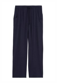 Pantalon large bleu marine en tissu doux, doté d'une taille élastique avec cordon de serrage et deux poches latérales.