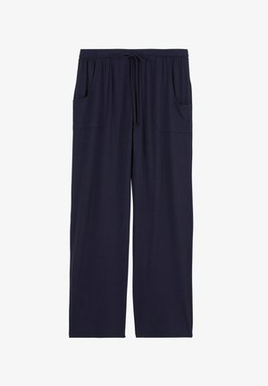 Pantalon large bleu marine en tissu doux, doté d'une taille élastique avec cordon de serrage et deux poches latérales.