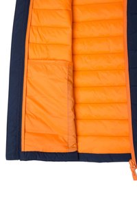 Marinblå pufferjacka med en orange isolerad foder. Har sydda paneler och en innerficka. Dragkedjestängning med orange detaljer.