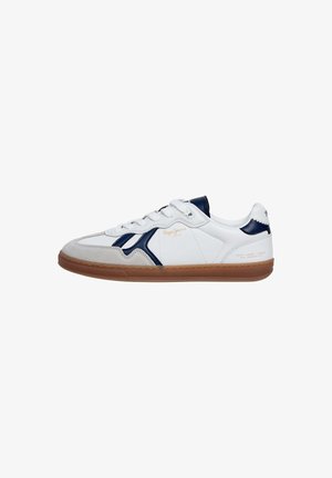 White sneaker with navy accents, suede and smooth leather materials, round toe, rubber gum sole, and brand logo on the side.