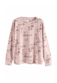 Gaiši rozā garām piedurknēm krekls ar spēlīgu suņa apdruku tumši brūnā krāsā. Tam ir apaļa kakla izgriezums un brīva piegrieztne. Mīksta, džersija auduma.