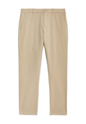Chinos beige hechos de una tela suave, con un diseño de pierna recta, bolsillos frontales y un cierre de botón único en la cintura.