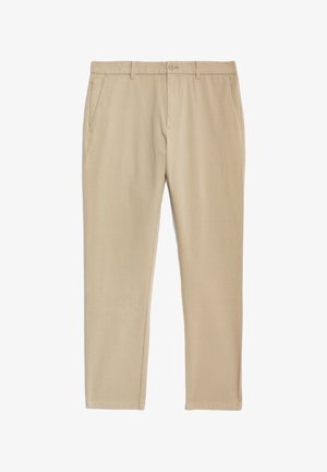 Chino beige realizzati in tessuto morbido, con design a gamba dritta, tasche frontali e chiusura a un bottone in vita.