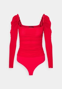 Roter Body mit langen, gerafften Ärmeln, quadratischem Ausschnitt und gerafften Details entlang des Körpers. Hergestellt aus glattem, dehnbarem Stoff.