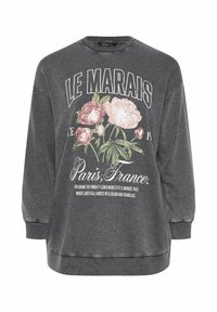 Sudadera gris de manga larga, con un gráfico floral y el texto "LE MARAIS, París, Francia" en colores contrastantes. Cuello redondo y puños acanalados.