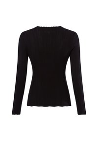 Schwarz, geripptes Langarmoberteil mit figurbetonter Silhouette. Wellenförmiger Ausschnitt und texturiertes Material. Die Rückansicht zeigt Nahtdetails.