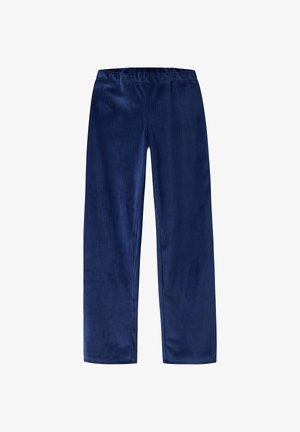 Marineblaue Cord-Hosenträger mit weitem Beinanschnitt, vertikaler gerippter Textur und elastischem Bund für zusätzlichen Komfort.