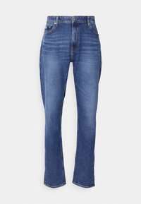 Denim jeans in medium blue wash, straight leg design, classic five-pocket style, button and zip fly closure, subtle fading details.