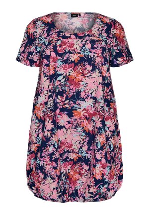 Kurzärmelige Tunika mit rundem Ausschnitt, verziert mit einem Muster aus rosa, roten und hellblauen Blumen auf dunkelblauem Hintergrund.