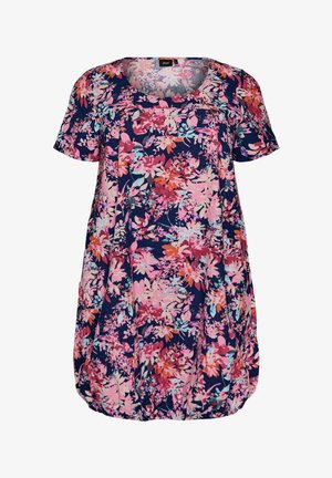 Kortærmet tunika med rund halsudskæring, prydet med mønster af blomster i pink, rød og lyseblå på en mørkeblå baggrund.