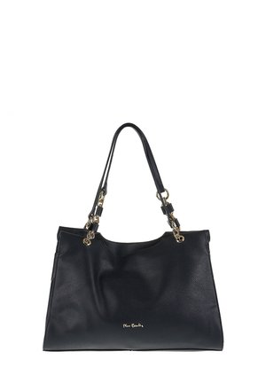 Zwarte leren tote bag met een gestructureerd oppervlak, gouden hardware accenten, dubbele handvaten en een lichte slouch aan de bovenkant. Kenmerkt logo detail.