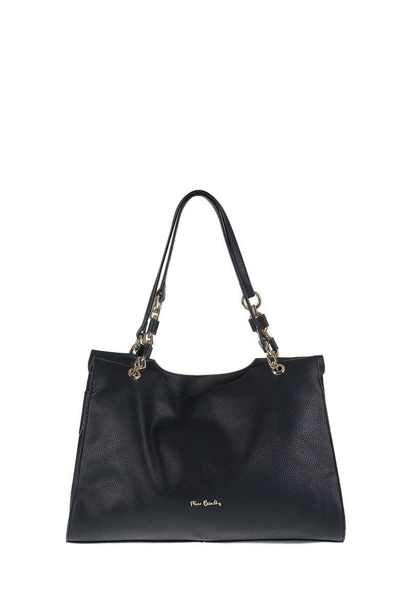 Sac fourre-tout en cuir noir avec surface texturée, accents en matériel doré, double poignées et une légère inclinaison en haut. Présente un détail de logo.