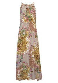 Vestido maxi de tela beige claro con un patrón floral que presenta grandes flores amarillas y acentos rosas, tirantes finos y una cintura elástica.