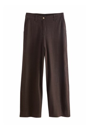Brown wide-leg trousers made of a lightweight fabric, featuring a front button closure and two side pockets. Smooth texture and tailored fit.