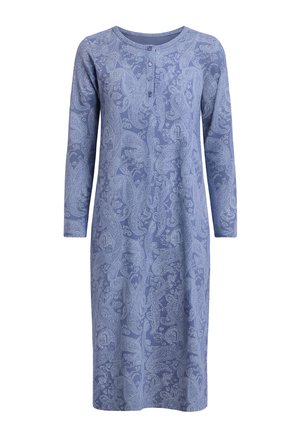 Blauwe jurk met lange mouwen, een ronde halslijn, een drieknopenbies en een ingewikkeld paisleypatroon over de gehele stof.