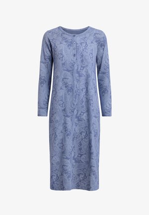 Vestido azul de manga larga con cuello redondo, tapeta con tres botones y un intrincado estampado de paisley en toda la tela.