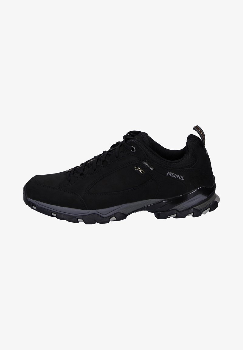 Black hiking shoes with a suede finish, rubber sole, and laces. Features a gray accent on the sole and a pull tab at the heel.