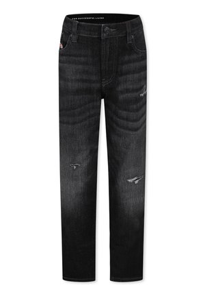 Jeans in denim nero con taglio dritto, presentano leggere abrasioni, macchie sbiadite e un classico design a cinque tasche.