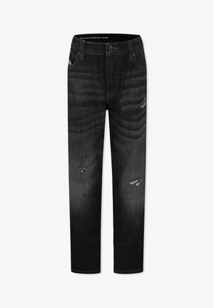 Jeans in denim nero con taglio dritto, presentano leggere abrasioni, macchie sbiadite e un classico design a cinque tasche.