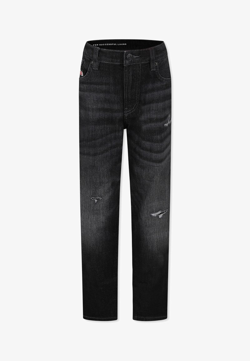 Jeans in denim nero con taglio dritto, presentano leggere abrasioni, macchie sbiadite e un classico design a cinque tasche.