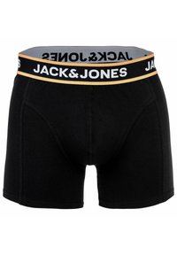Svarta boxershorts med en åtsittande design, elastisk midjeband med "JACK & JONES" i vit och gul text. Mjukt tyg med en jämn yta.