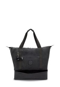 Schwarze Reisetasche mit einem Reißverschluss oben, stabilen Griffen und einer Außentasche. Verfügt über einen Anhänger und ein Logo auf der Vorderseite. Strukturiertes Material.