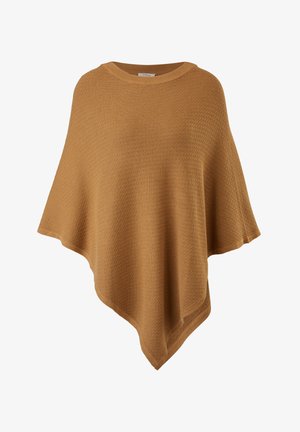 Kamelbrauner gestrickter Woll-Poncho mit rundem Hals und asymmetrischem Saum.