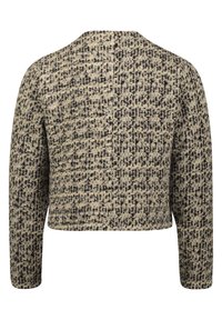 Veste courte en laine avec manches longues, motif à carreaux noir et beige texturé, et un petit col montant, vue de dos.