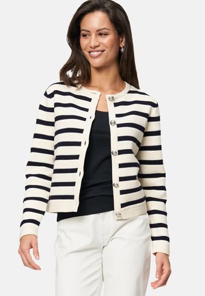 Gestreepte cardigan in crème en marineblauw, met een ronde halslijn, knoopsluiting en geribbelde textuur langs de strepen. Casual pasvorm.