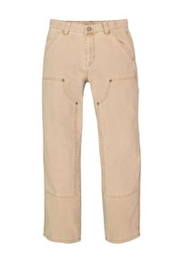 Beige, knielange broek van katoen met vijf zakken, versterkte stiksels en metalen accenten op de zakken.