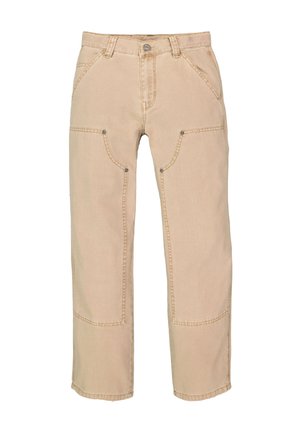 Beige, knielange broek van katoen met vijf zakken, versterkte stiksels en metalen accenten op de zakken.
