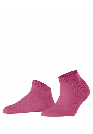 Różowe skarpetki do kostek wykonane z miękkiej, prążkowanej tkaniny. Posiadają bezszwowy czubek i dopasowany mankiet. Lekka konstrukcja i jednolity kolor na całej powierzchni.