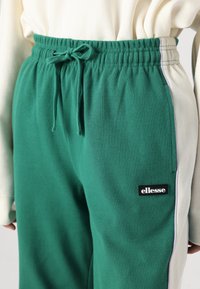 Zaļas izstrādātas sporta bikses ar elastīgu jostu un auklu. Satur balto sānu paneli un melnu "ellesse" logotipa birku.