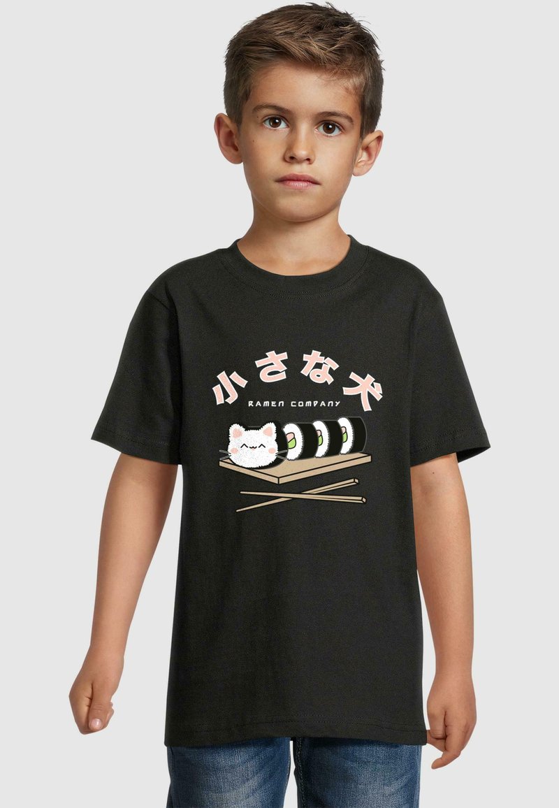 Black t-shirt featuring a graphic design of sushi and a cat on a wooden plate, with text in pink and white, made of soft cotton fabric.