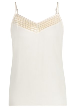 Sleeveless cream top with layered horizontal pleats at the neckline, smooth texture, and adjustable straps. Simple and minimalist design.