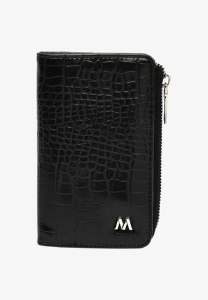 Black leather wallet with a textured crocodile pattern, zip closure, and a metal logo accent on the lower right corner.
