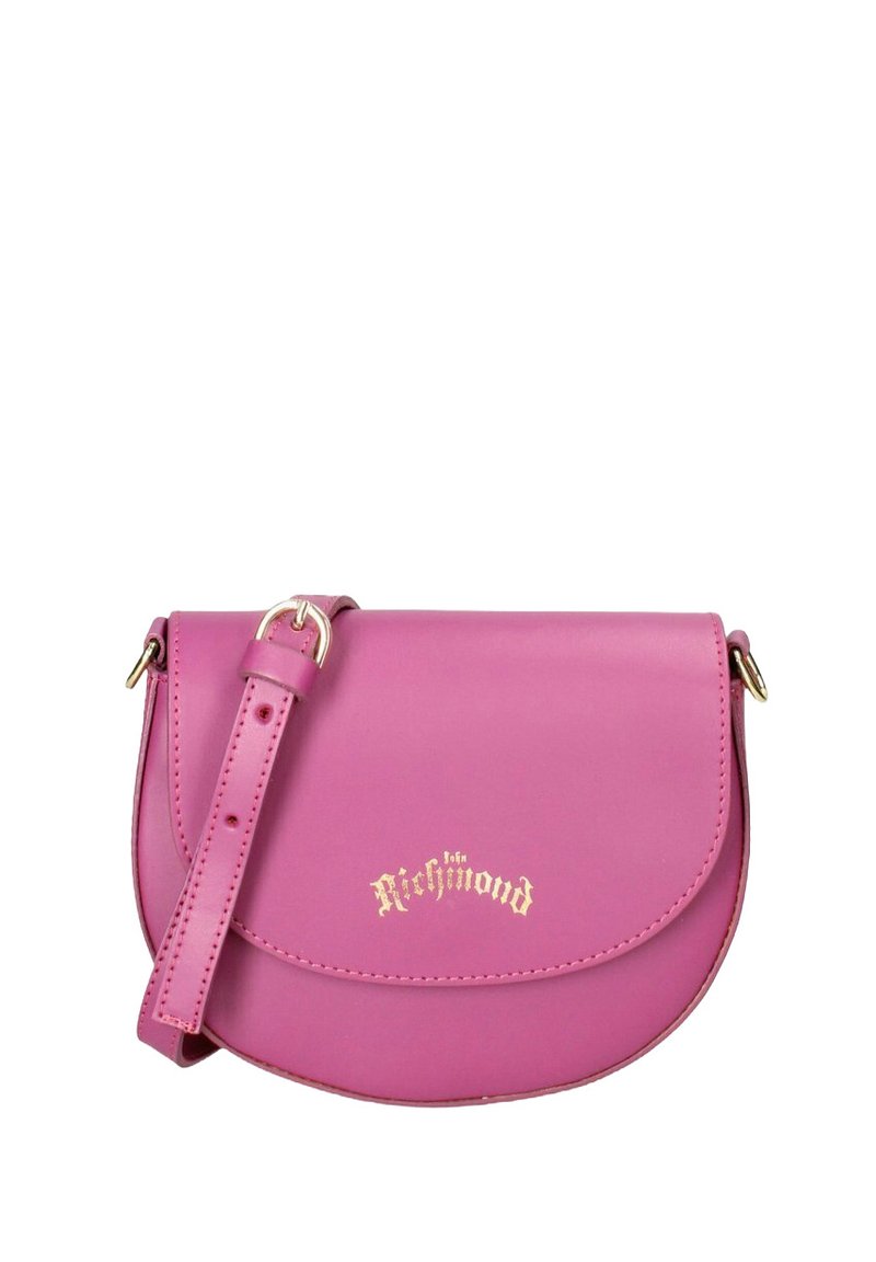 Borsa a tracolla in pelle rosa con pattina curva, dettagli in logo dorato e tracolla regolabile. Texture liscia, design compatto.