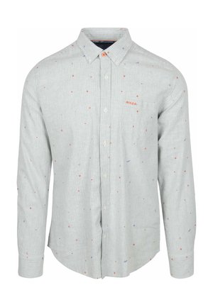 Gestreiftes Langarmhemd in Hellblau und Weiß, mit bunten Punkten, Knopfkraagen und einer Brusttasche mit Logo.