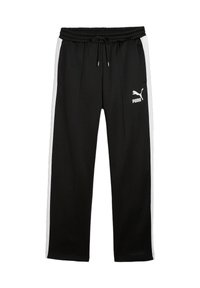 Zwarte joggers met een trekkoord in de taille, voorzien van contrasterende witte zijstrepen en een klein wit Puma-logo op het linkerpand.