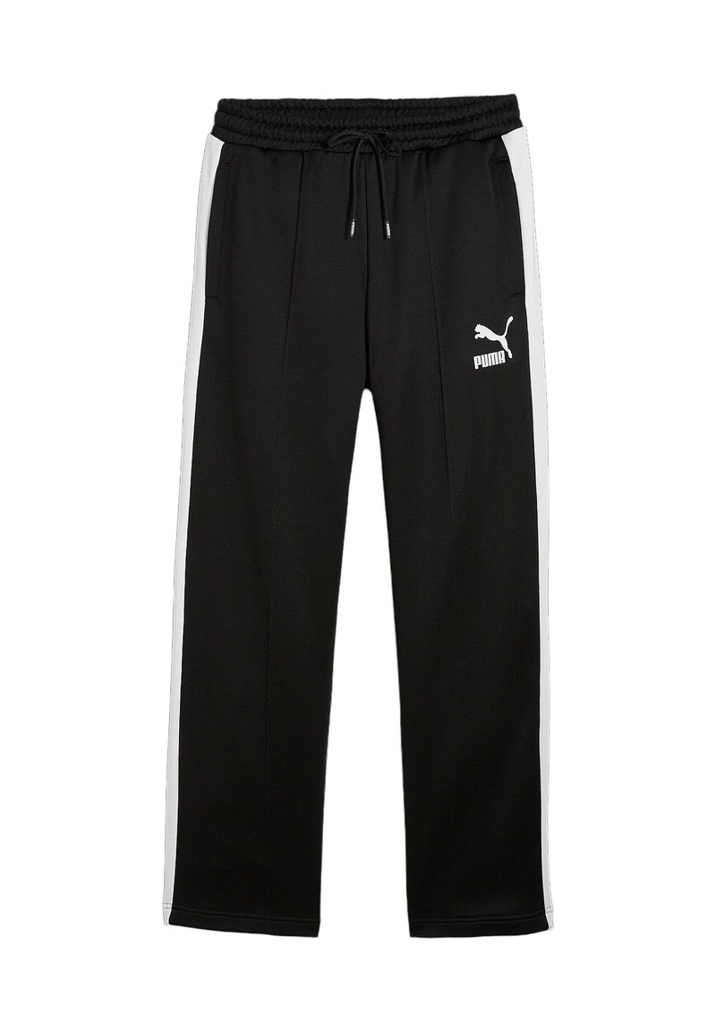 Zwarte joggers met een trekkoord in de taille, voorzien van contrasterende witte zijstrepen en een klein wit Puma-logo op het linkerpand.