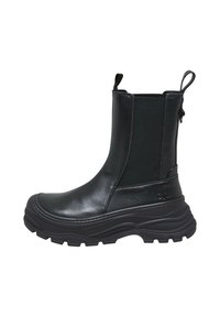 Svart ankelboot med glatt skinnøvre, elastiske sidepaneler, trekkstang og en tykk gummisåle med teksturert design.