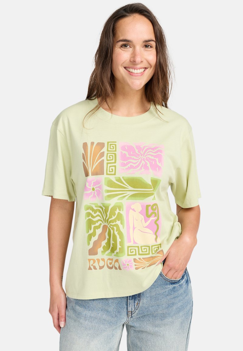 Light green cotton t-shirt with a large graphic print in pink, gold, and green featuring tropical motifs and a silhouette. Short sleeves, relaxed fit.