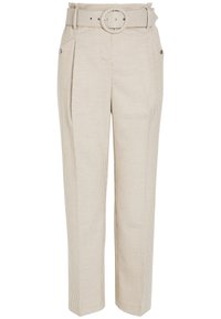 Beige geruite broek met een hoge taille, wijde pijpen en een bijpassende riem met een ronde gesp. Inclusief zijzakken en subtiele plooien.