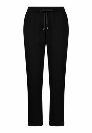 Zwarte joggerbroek met een elastische tailleband en verstelbaar trekkoord. Boorden aan de enkels en een gladde stofafwerking. Eenvoudig ontwerp, zonder patronen.