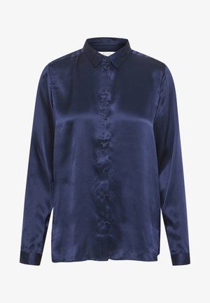 Navy satin blouse with a button-down front, long sleeves, and a classic collar. Smooth texture with a subtle sheen and a relaxed fit.
