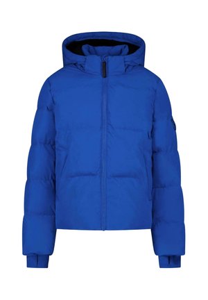 Blauwe gewatteerde winterjas met ritssluiting aan de voorkant, vastgemaakte capuchon en lange mouwen met manchetten.
