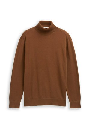 Barna garbó pulóver, puha, texturált anyagból készült. Bordás mandzsettákkal és nyakkal rendelkezik, laza szabással és hosszú ujjakkal.