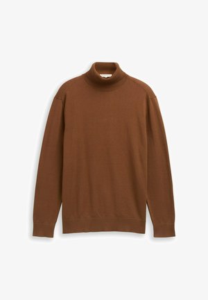 Barna garbó pulóver, puha, texturált anyagból készült. Bordás mandzsettákkal és nyakkal rendelkezik, laza szabással és hosszú ujjakkal.