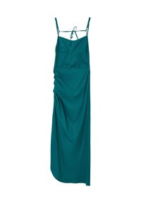 Türkise ärmellose Maxikleid mit Spaghetti-Trägern, einem Bindeband im Rücken und einem drapierten, gerafften Design auf einer Seite.